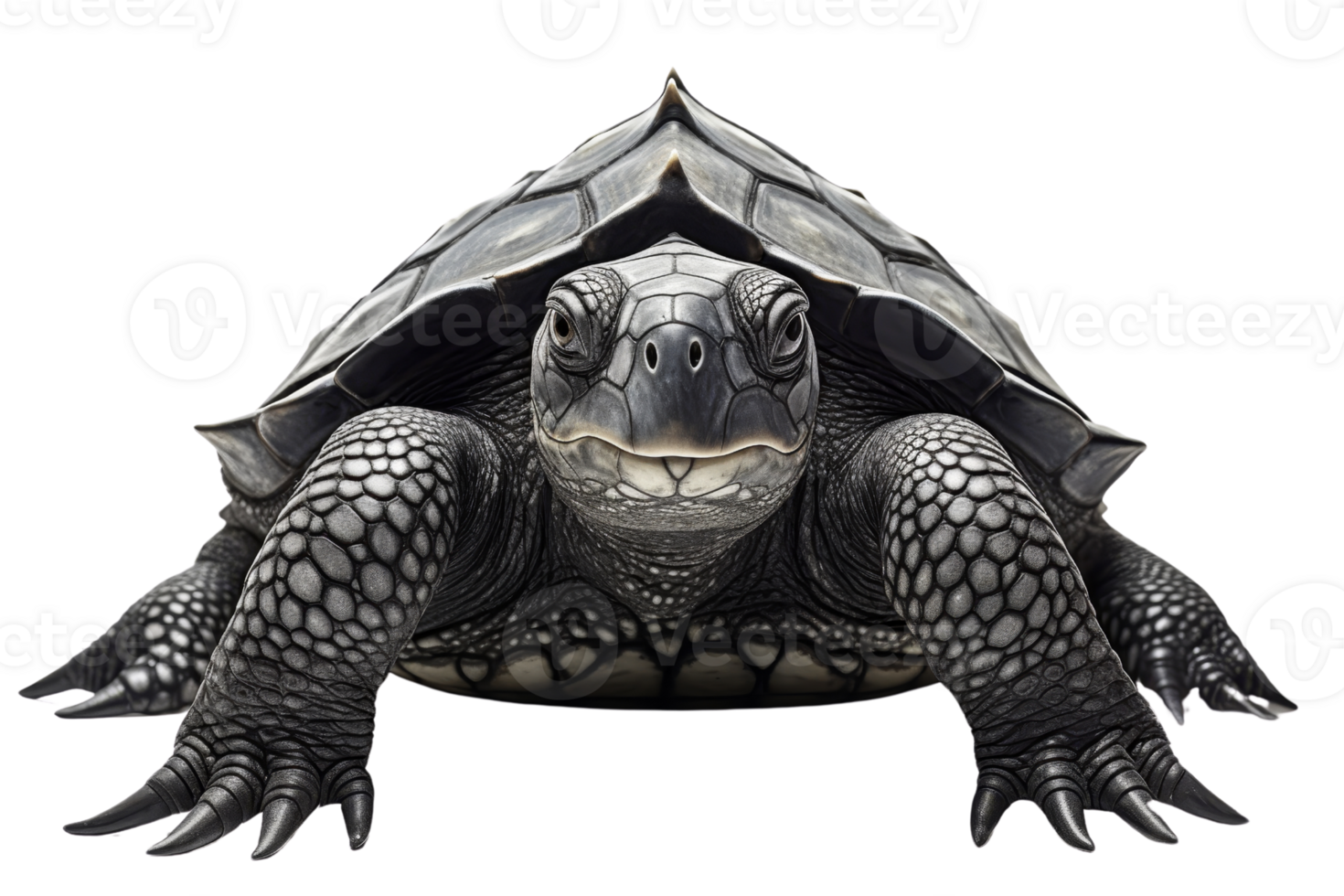 A turtle is facing the camera with its mouth open. The turtle is black and white png