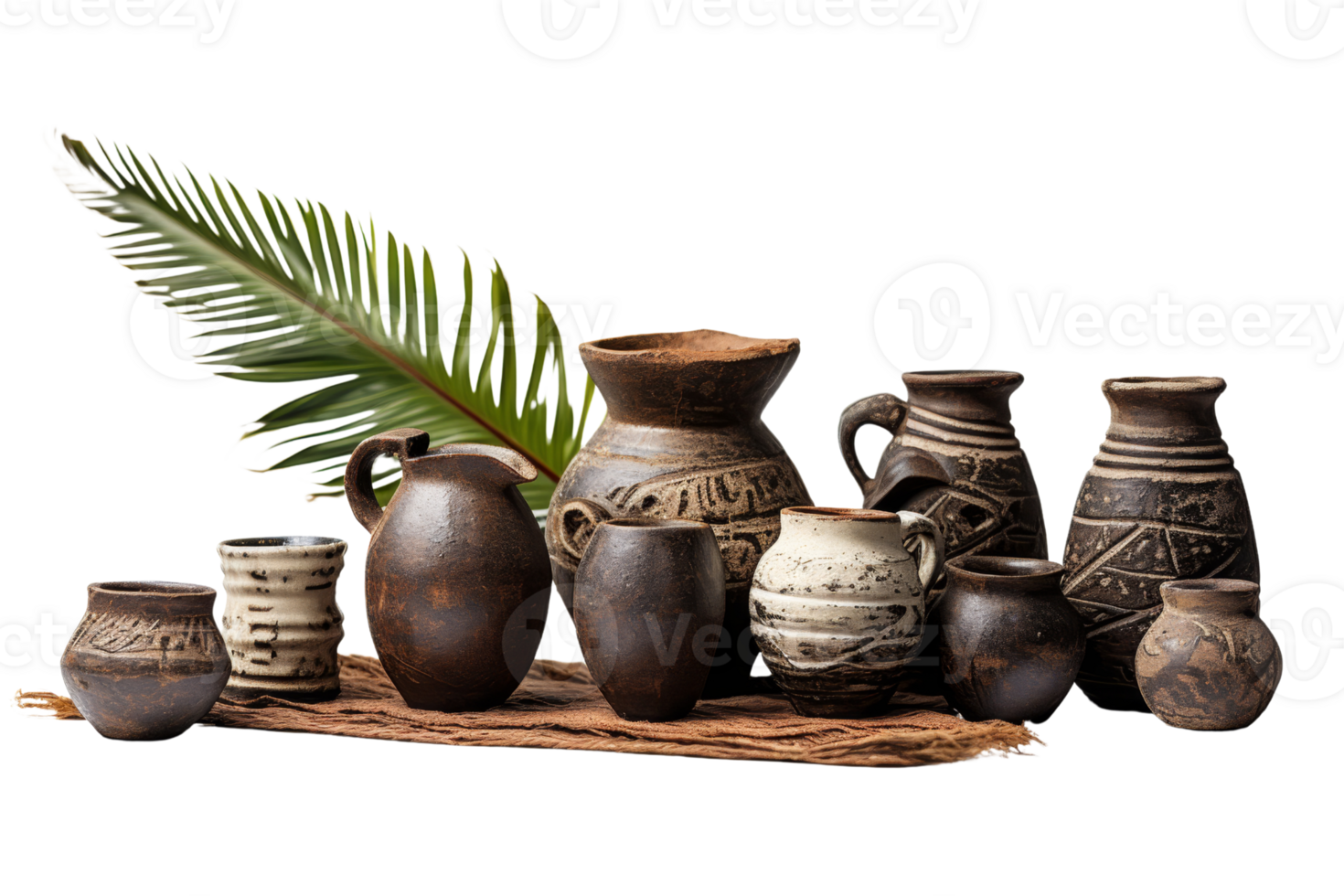 A collection of vases and pots are arranged on a table with a leafy green plant in the background. The vases and pots come in various shapes and sizes, and they appear to be made of clay png