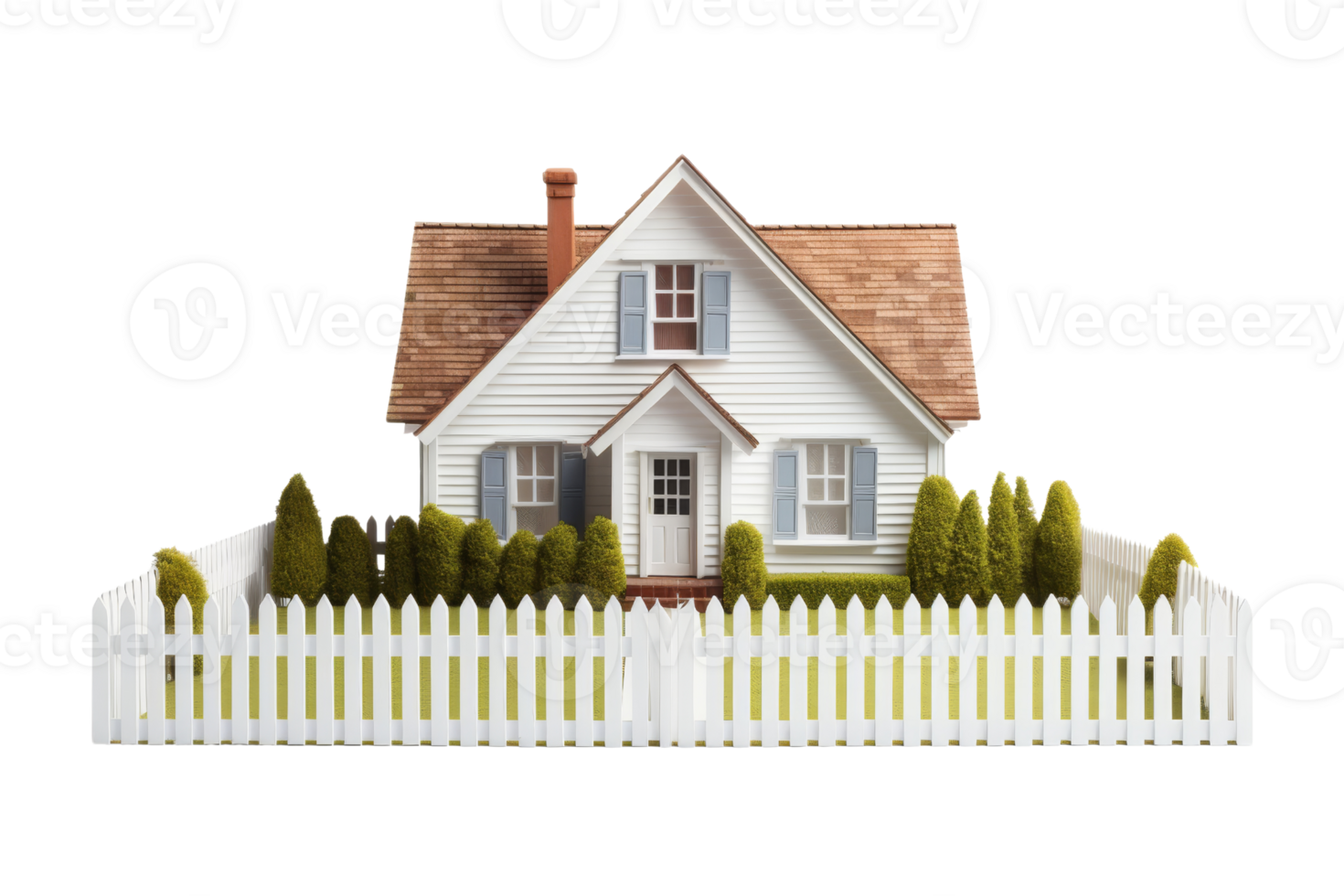 A white house with a white picket fence in front of it. The house is small and has a brown roof png