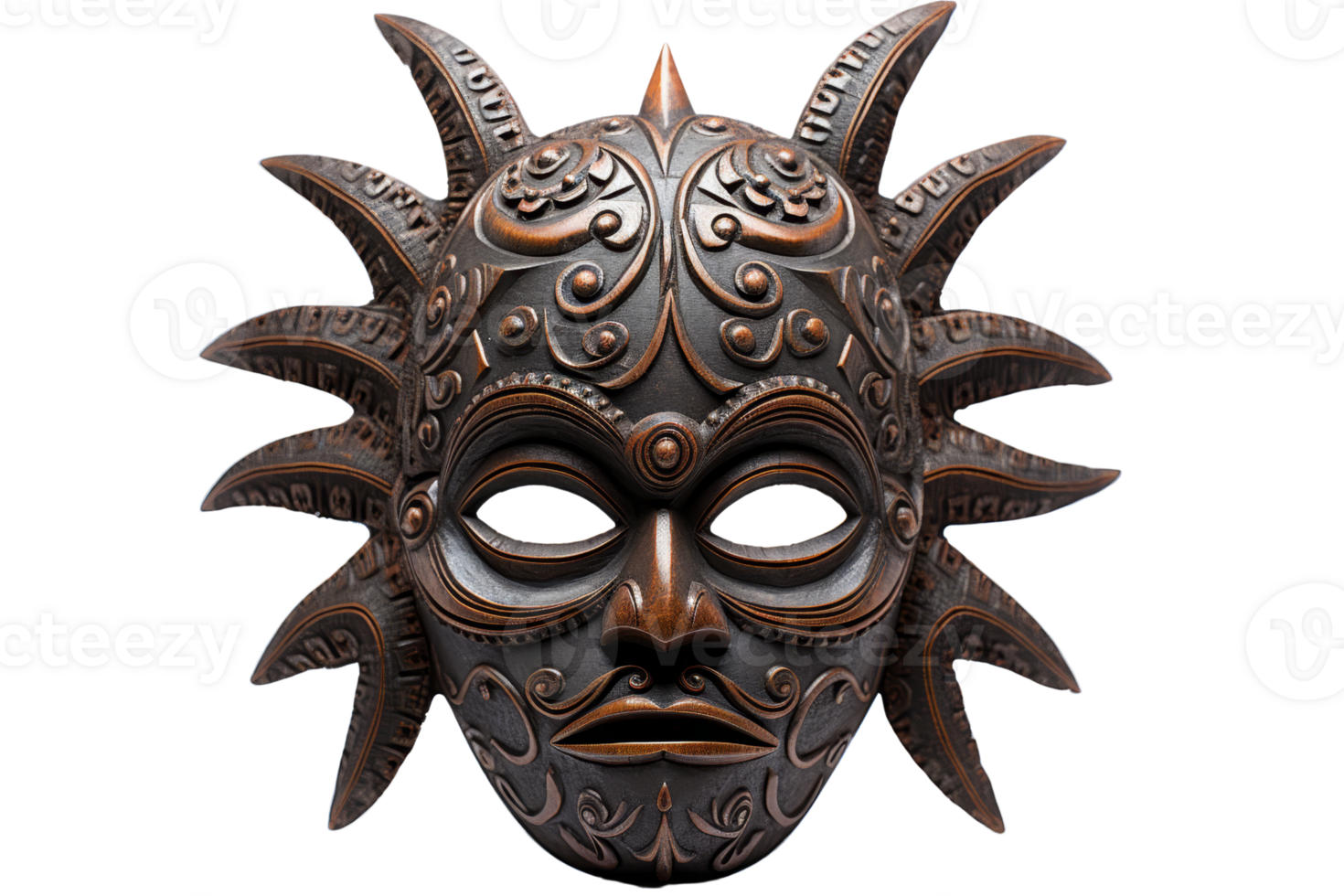 A large, ornate mask with a sunburst design on the forehead. The mask is made of wood and has a gold finish png