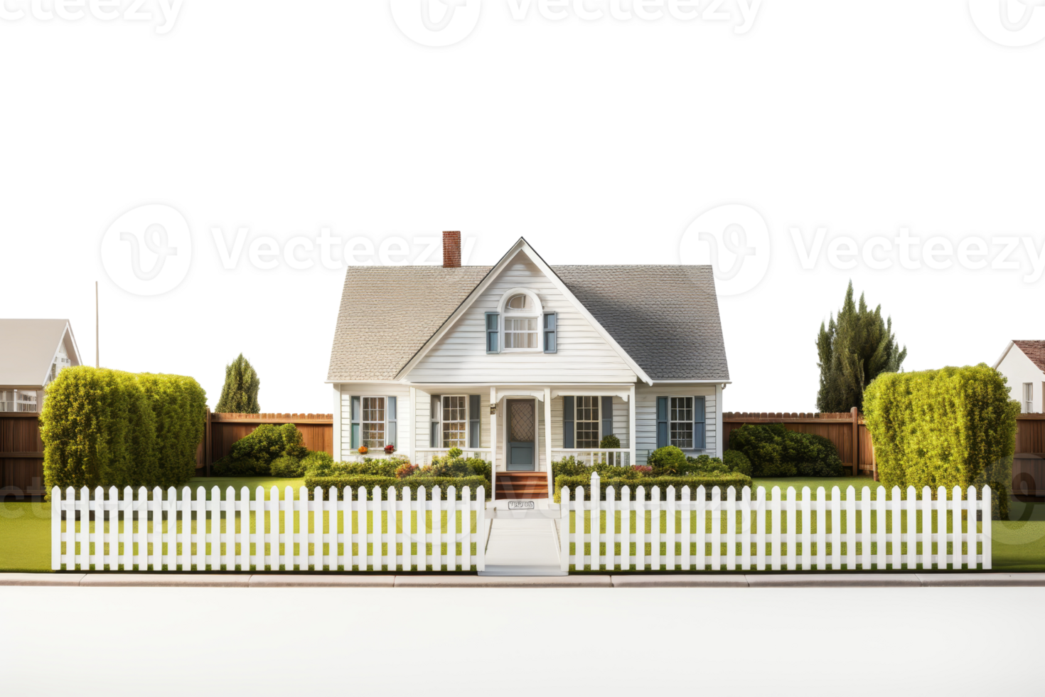 A white house with a white picket fence in front of it. The house is well-maintained and has a welcoming appearance png