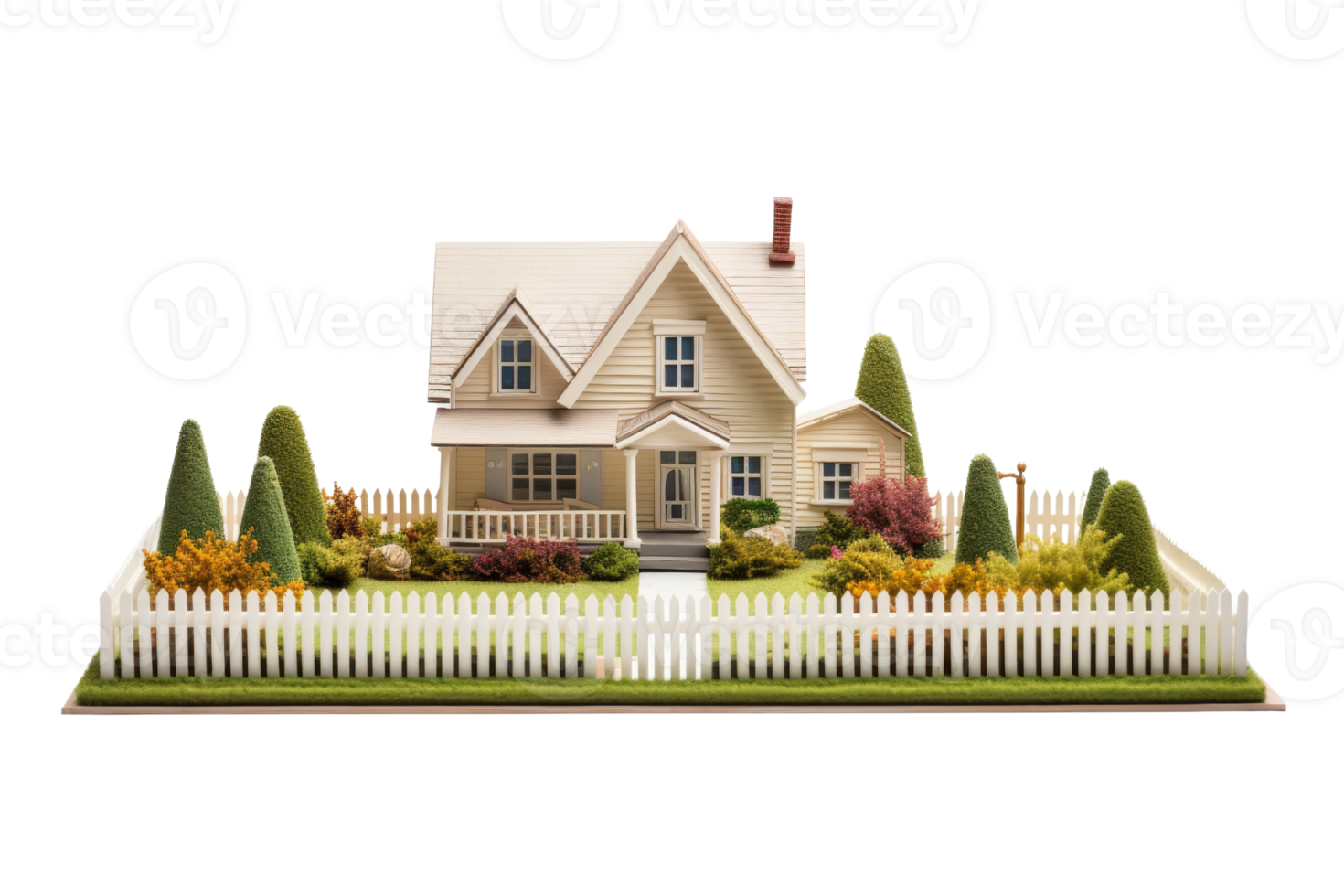 A white house with a white picket fence and a green bush in front of it. The house is surrounded by a lawn and a garden png