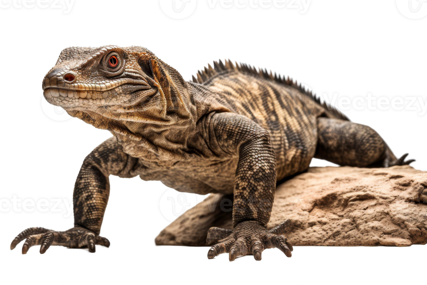A lizard is laying on a rock. The lizard is brown and black with a white stripe down its back png