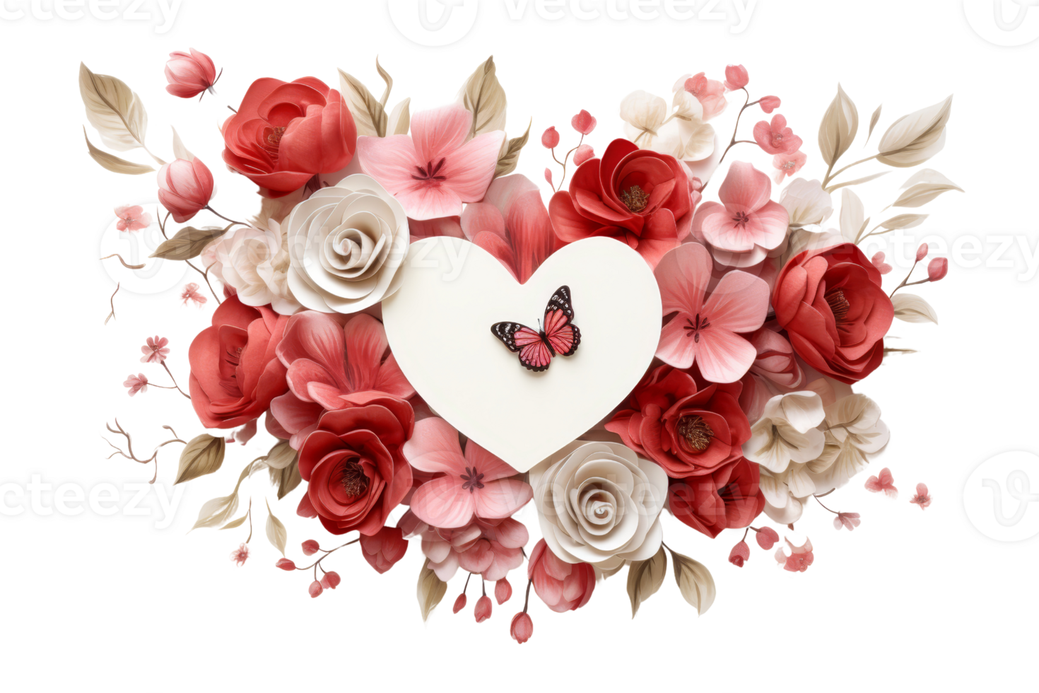 A heart is surrounded by flowers and a butterfly. The heart is white and the flowers are red and pink. Concept of love and beauty png
