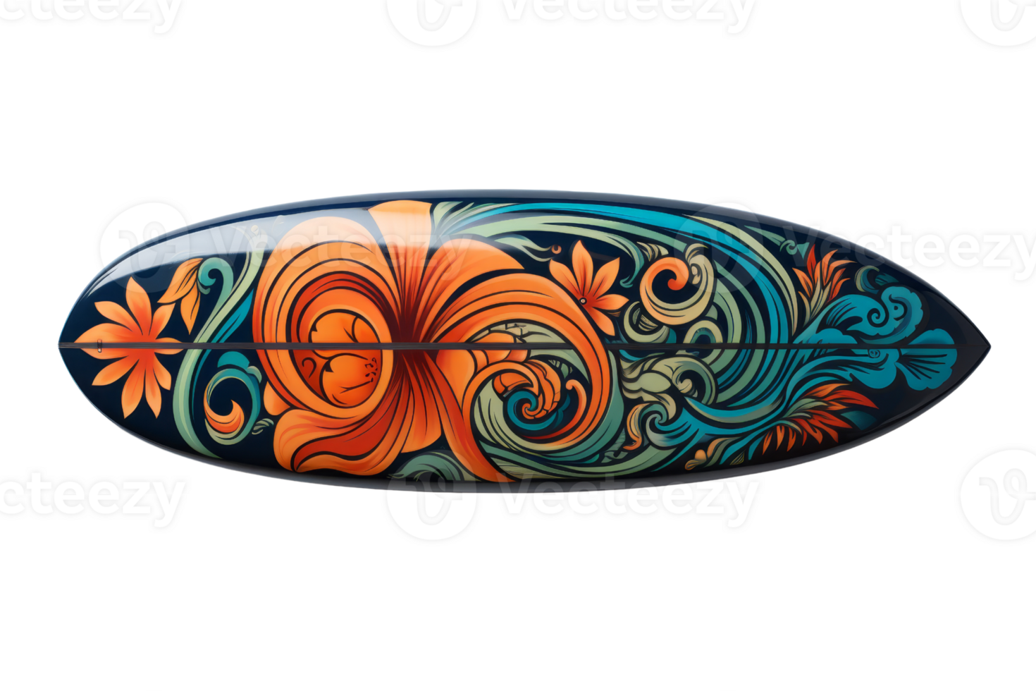 A surfboard with a floral design on it. The design is colorful and intricate. The surfboard is blue and orange png
