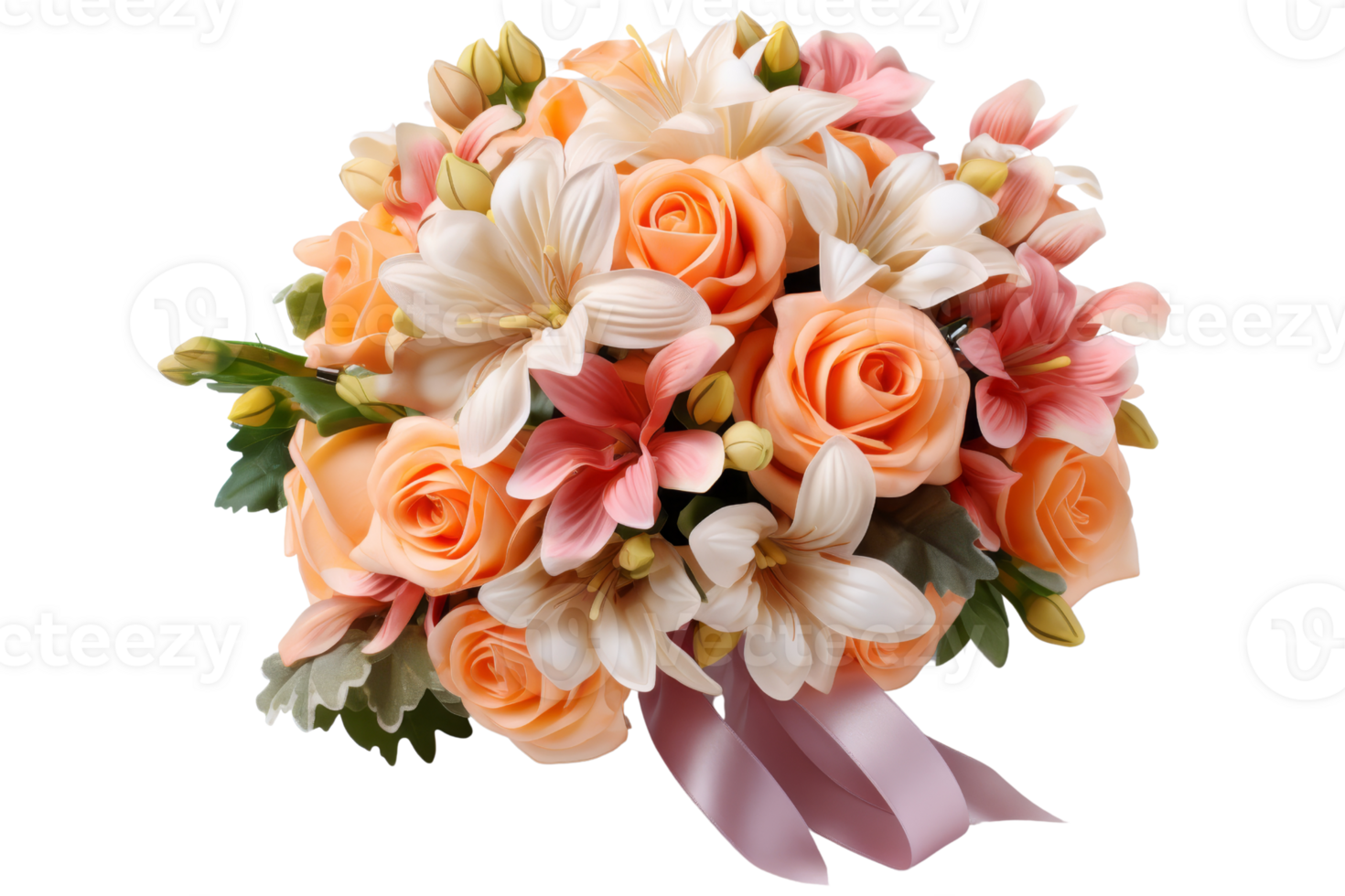 A bouquet of flowers with pink and orange roses and lilies. The flowers are arranged in a vase and are tied with a ribbon. The bouquet is a beautiful png