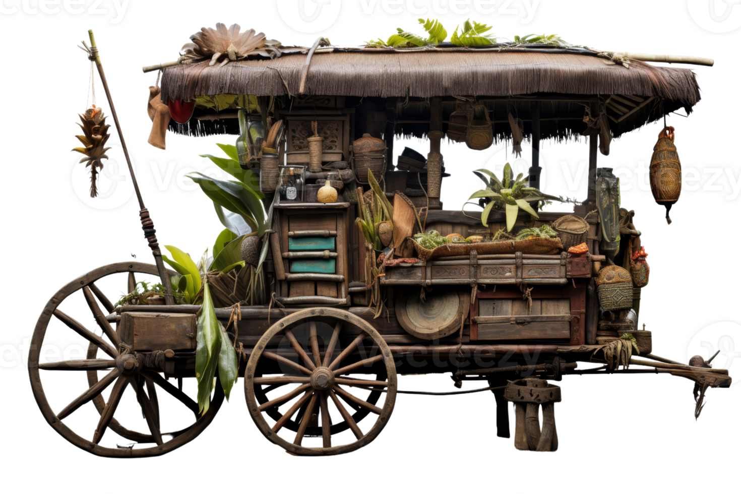 A wooden cart with a thatched roof and a variety of plants and fruits. The cart is old and has a rustic appearance png