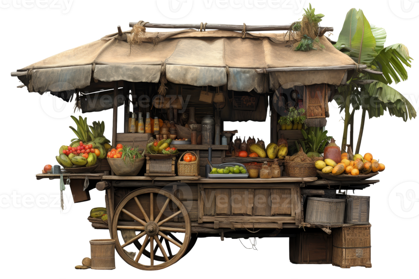 A wooden cart with a canopy and a bunch of fruits and vegetables. The cart is old and has a rustic feel to it png