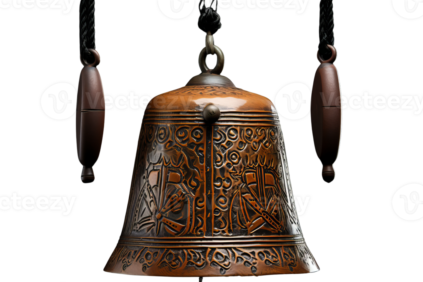 A large, ornate bell hanging from a chain. The bell is brown and has a design on it png