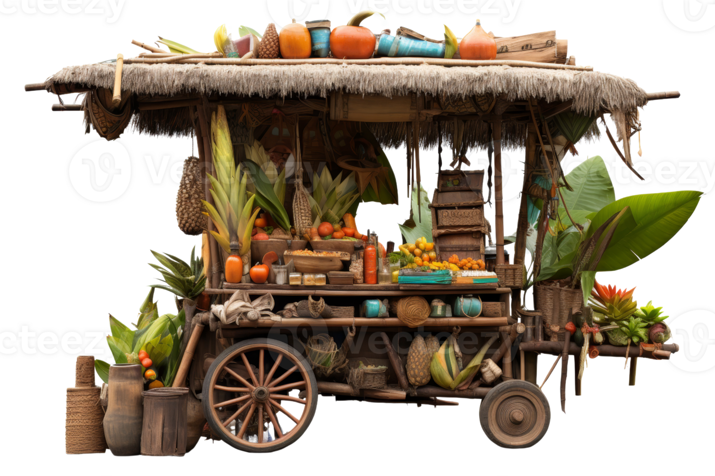 A colorful cart filled with fruits and vegetables. The cart is old and has a rustic look to it png