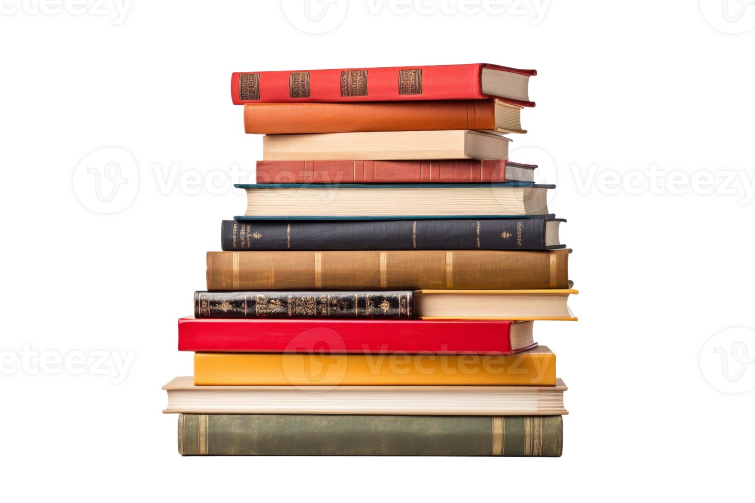 A stack of books with the top book being red. The books are piled on top of each other png