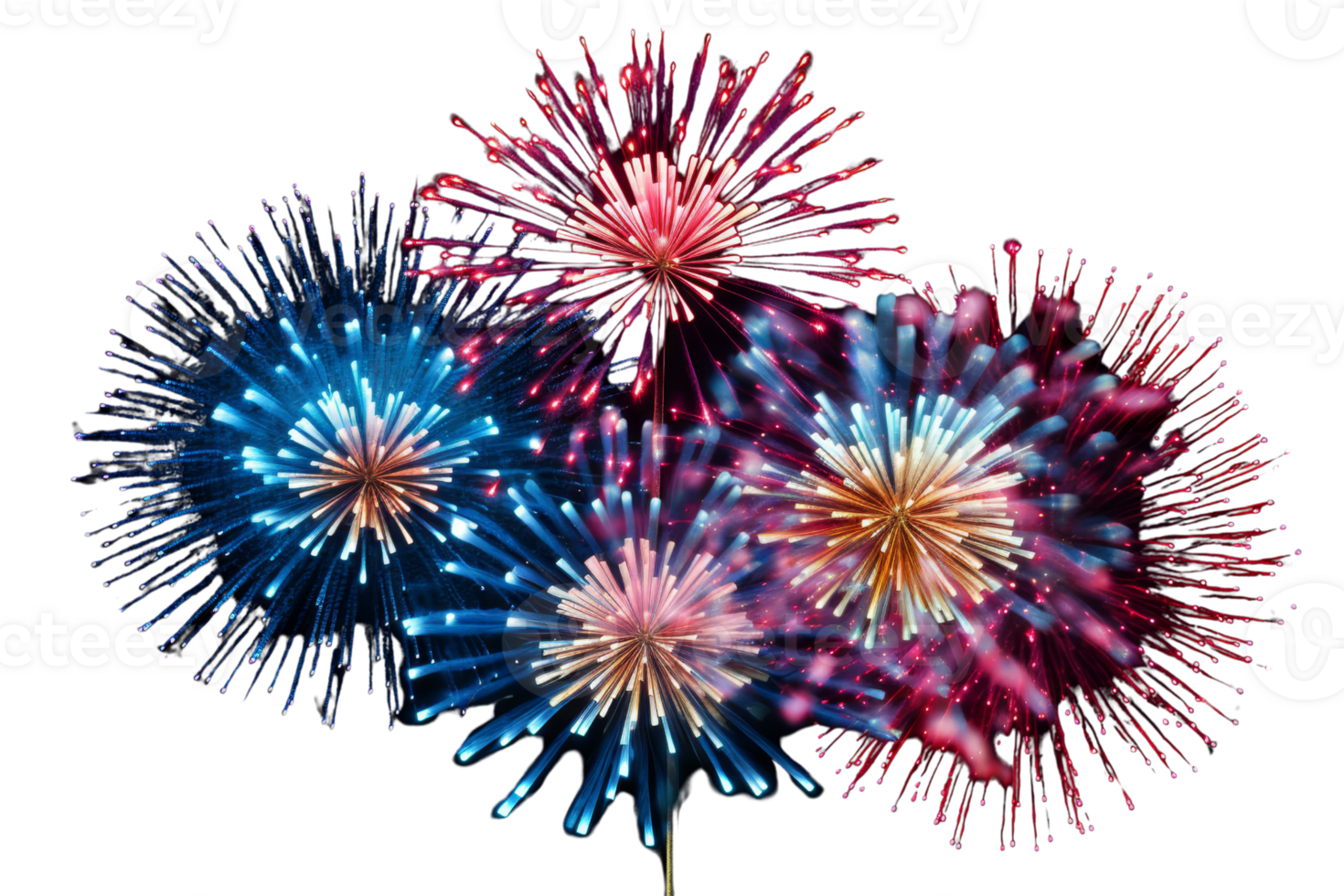 A fireworks display with four fireworks in the foreground and three in the background. The fireworks are in the colors red, blue, and white png