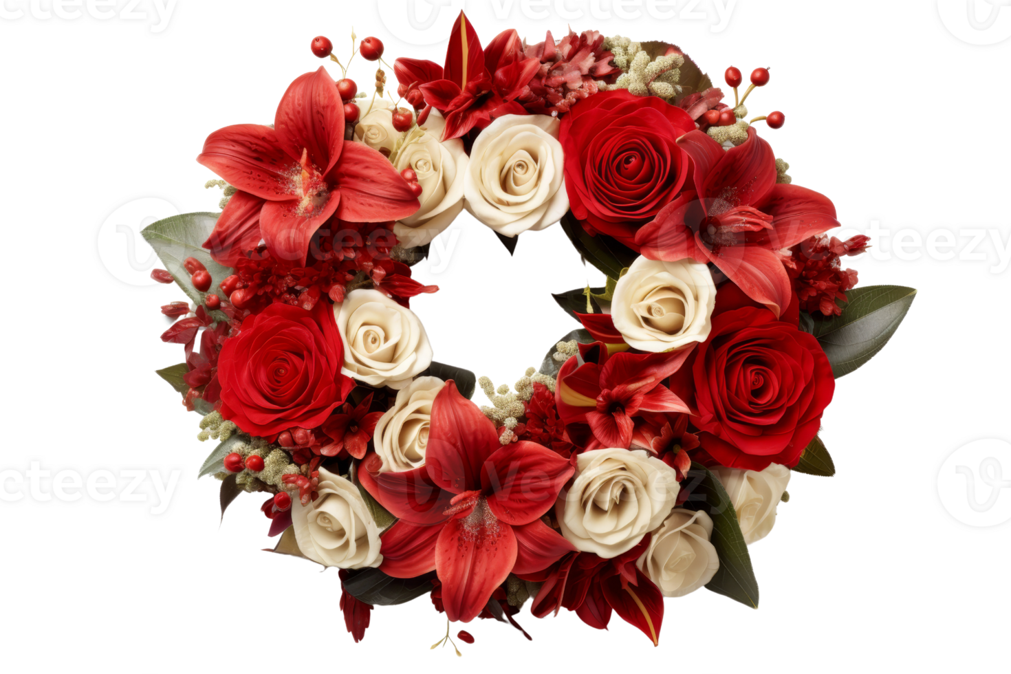 A wreath of red and white flowers with a white rose in the center png
