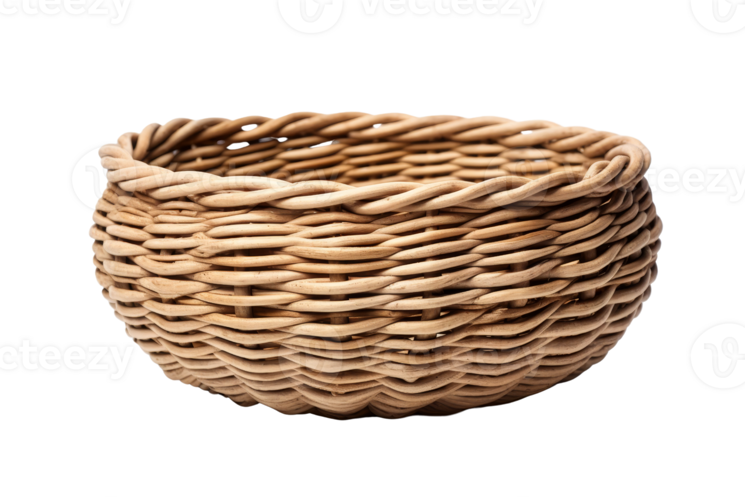 A close-up image of an empty woven wicker basket with intricate design, ideal for home decor, storage, or rustic themed settings. png