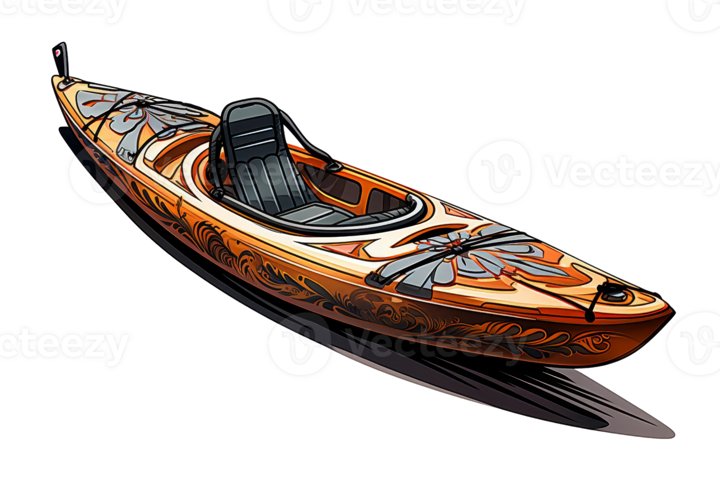 Beautifully designed kayak with intricate graphics and a comfortable seat, perfect for adventurous water sports enthusiasts. png