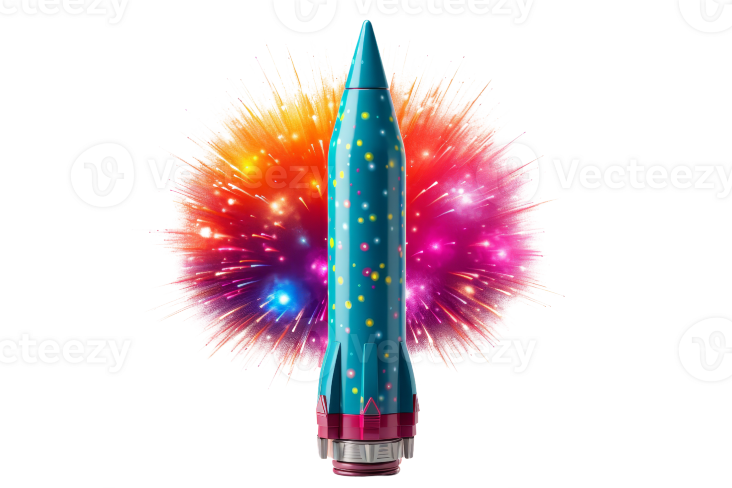 A blue rocket with a red and purple firework in the background. The rocket is surrounded by a colorful explosion of sparks png