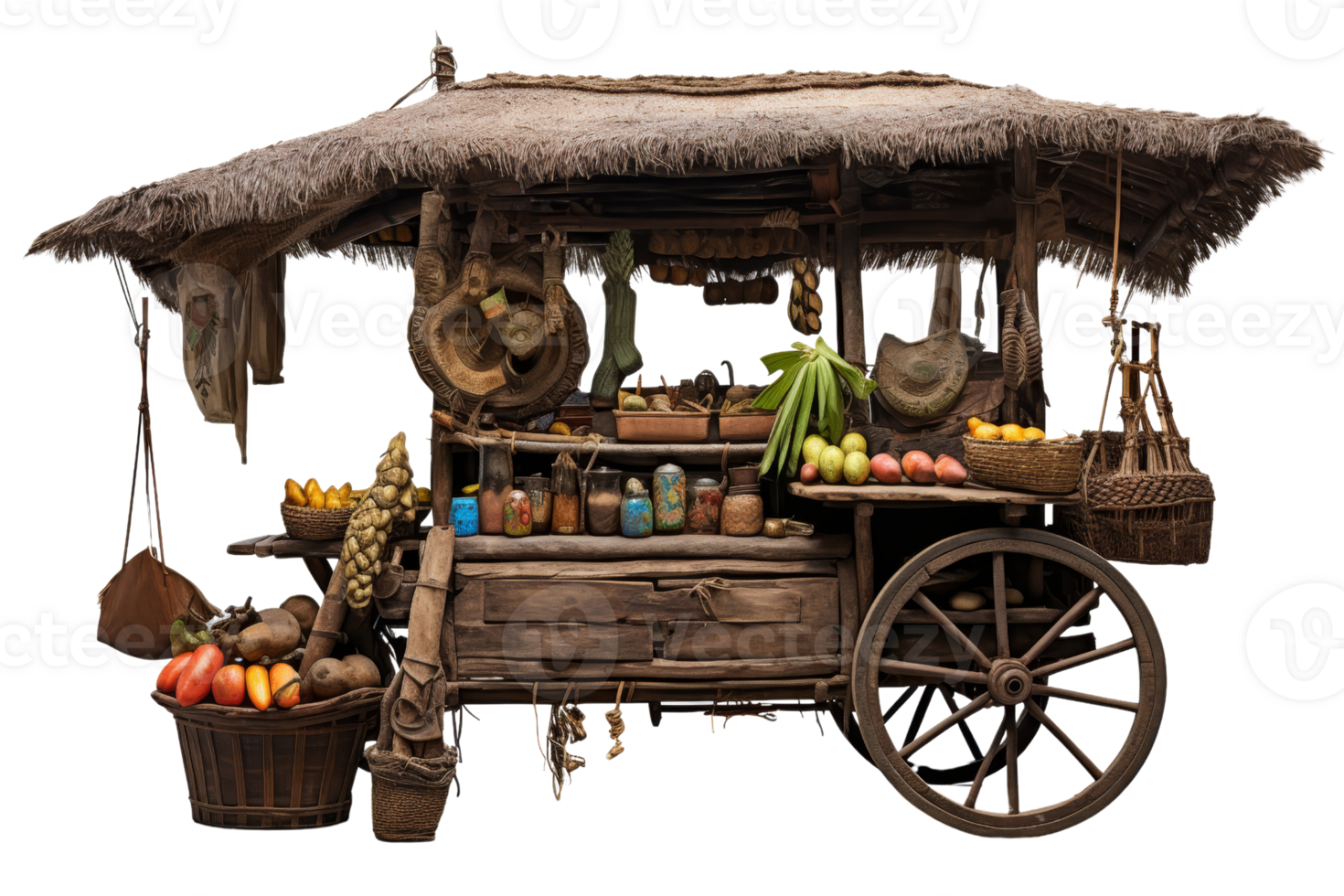 A wooden cart with a thatched roof is filled with fruits and vegetables. The cart is old and has a rustic appearance png