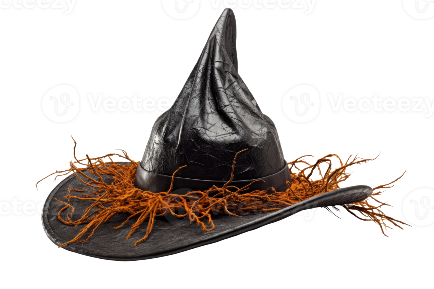 Black witch hat with orange trim, perfect for Halloween costume or decor. High resolution image on isolated transparent background. png