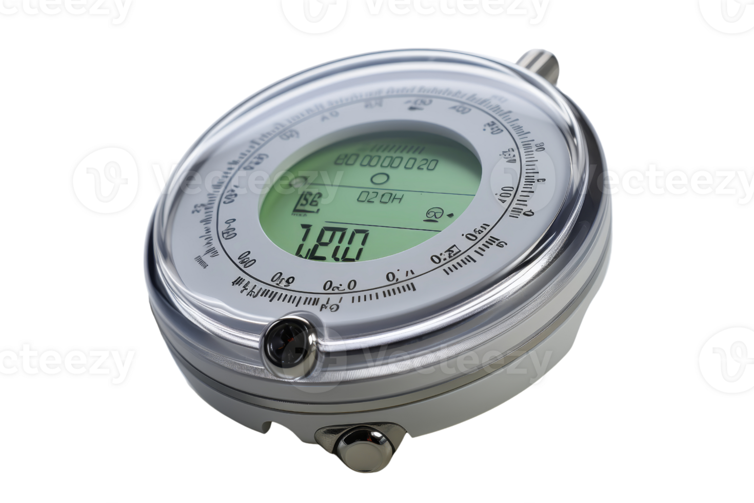 High-resolution image of a digital barometer with a round dial, displaying weather data and pressure readings on a clear LCD screen. png