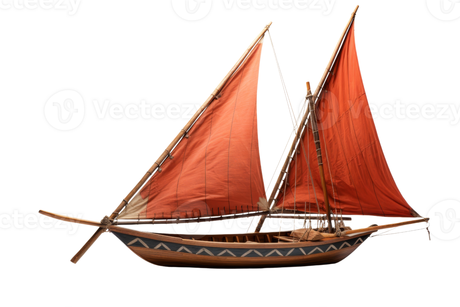 Intricate wooden model of a traditional sailboat with red sails, depicting historical maritime craftsmanship. Isolated on a transparent background. png