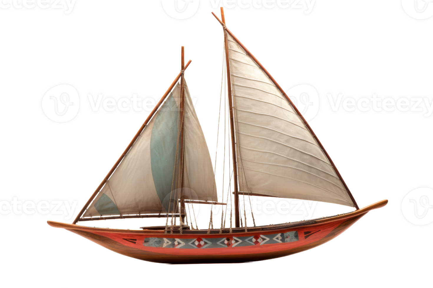 Detailed model of a traditional sailboat with two beige sails and a decorated red hull, perfect for maritime and nautical themes. png