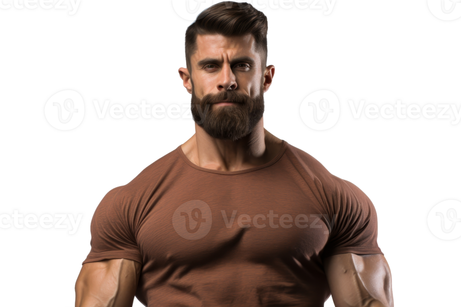 Muscular man with a beard wearing a brown t-shirt, showcasing bodybuilding and fitness. Isolated on a transparent background. png
