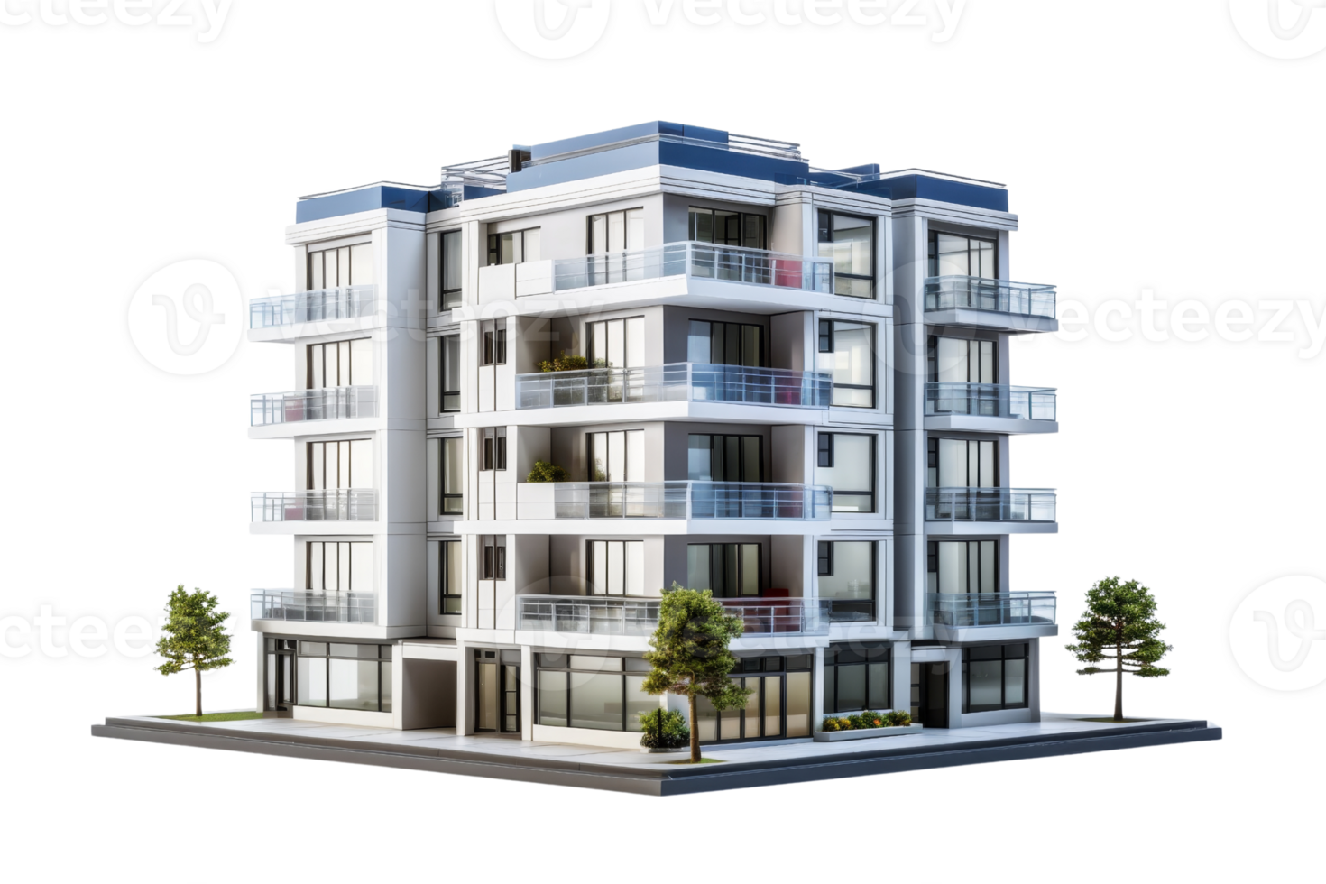 Modern apartment building with balconies and large windows, surrounded by greenery, perfect for urban living and real estate listings. png