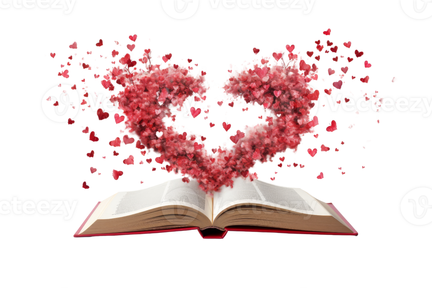Open book with pages forming a heart shape, filled with pink blossoms, symbolizing romance, love, and literature. png
