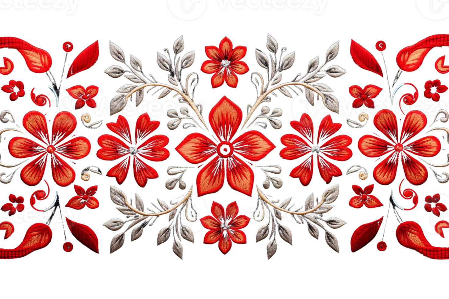 Intricate floral design with red flowers and gray leaves in symmetrical arrangement, perfect for decorative use and artistic projects. png
