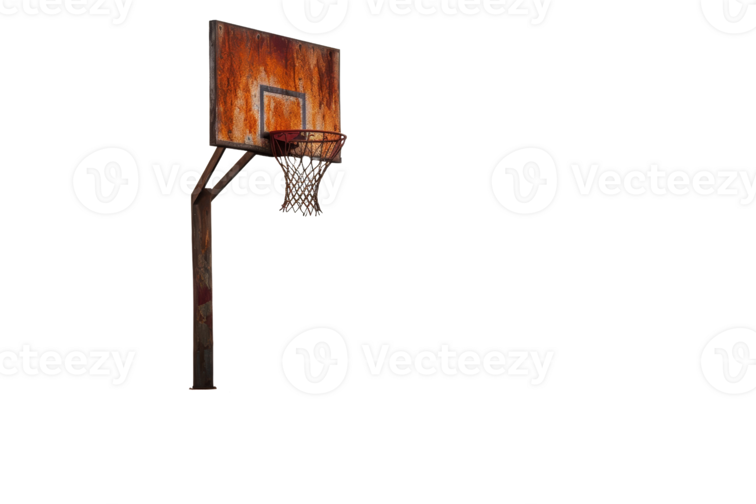 A rusty basketball hoop with a net. The image has a vintage feel to it png