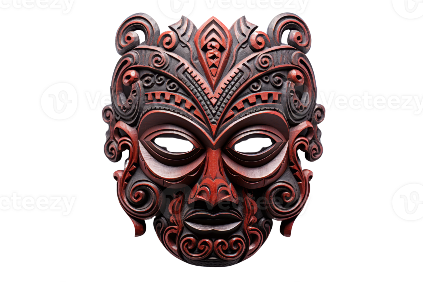 A wooden mask with a red face and black eyes. The mask is carved with intricate designs and has a tribal look to it png