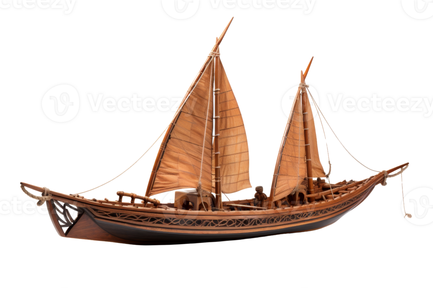 Detailed model of a traditional sailing boat with brown sails and intricate designs, isolated on a transparent background. png