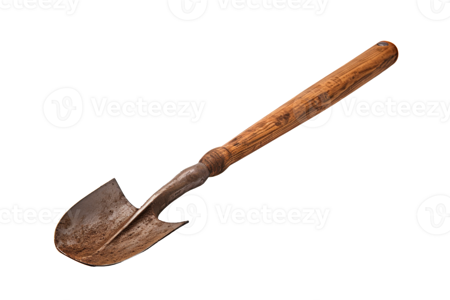 A rusty old shovel with a wooden handle. The shovel is bent and has a worn appearance. Concept of nostalgia and the passage of time png