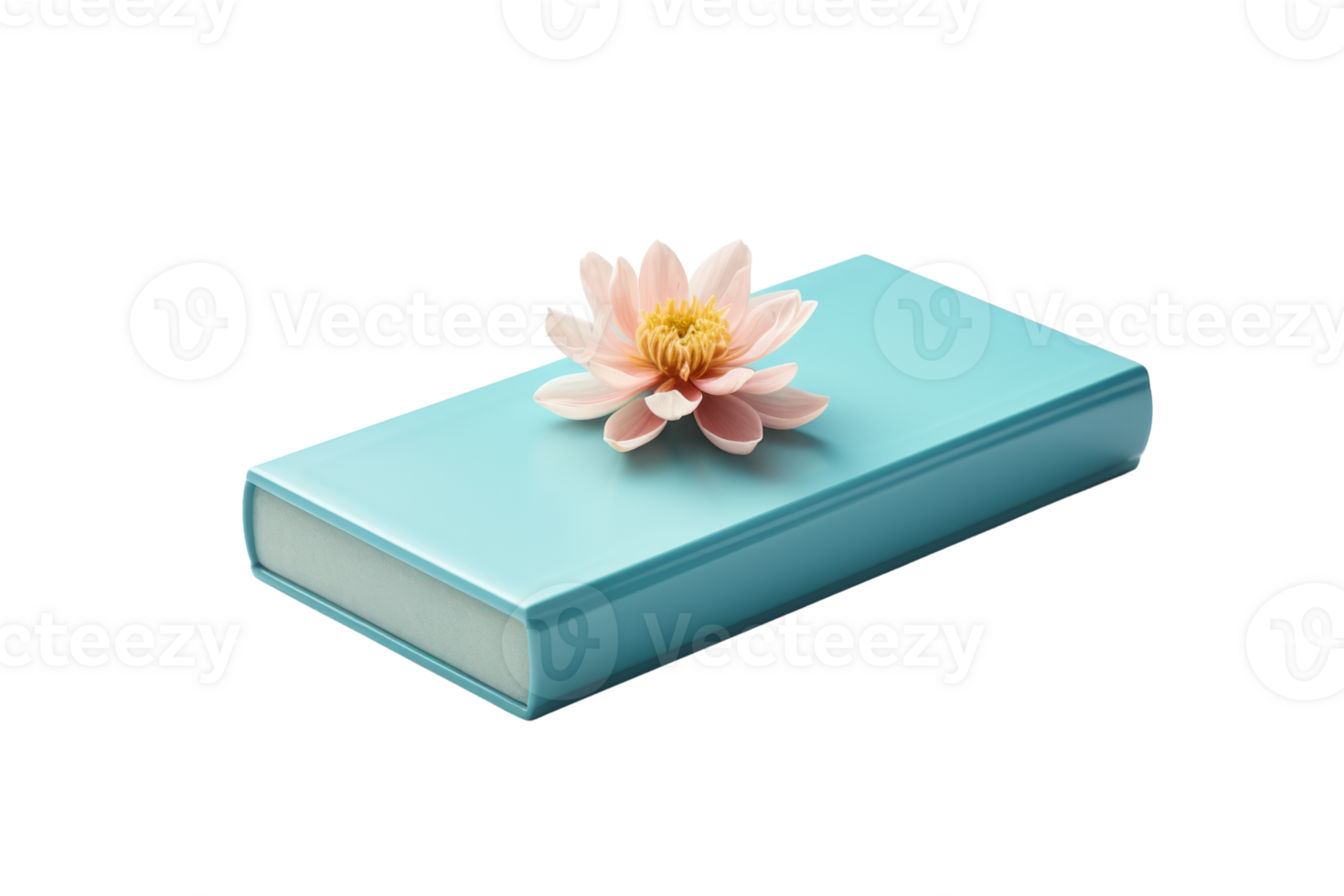 A blue book with a pink flower on top. The flower is a lily and it is placed on the book png