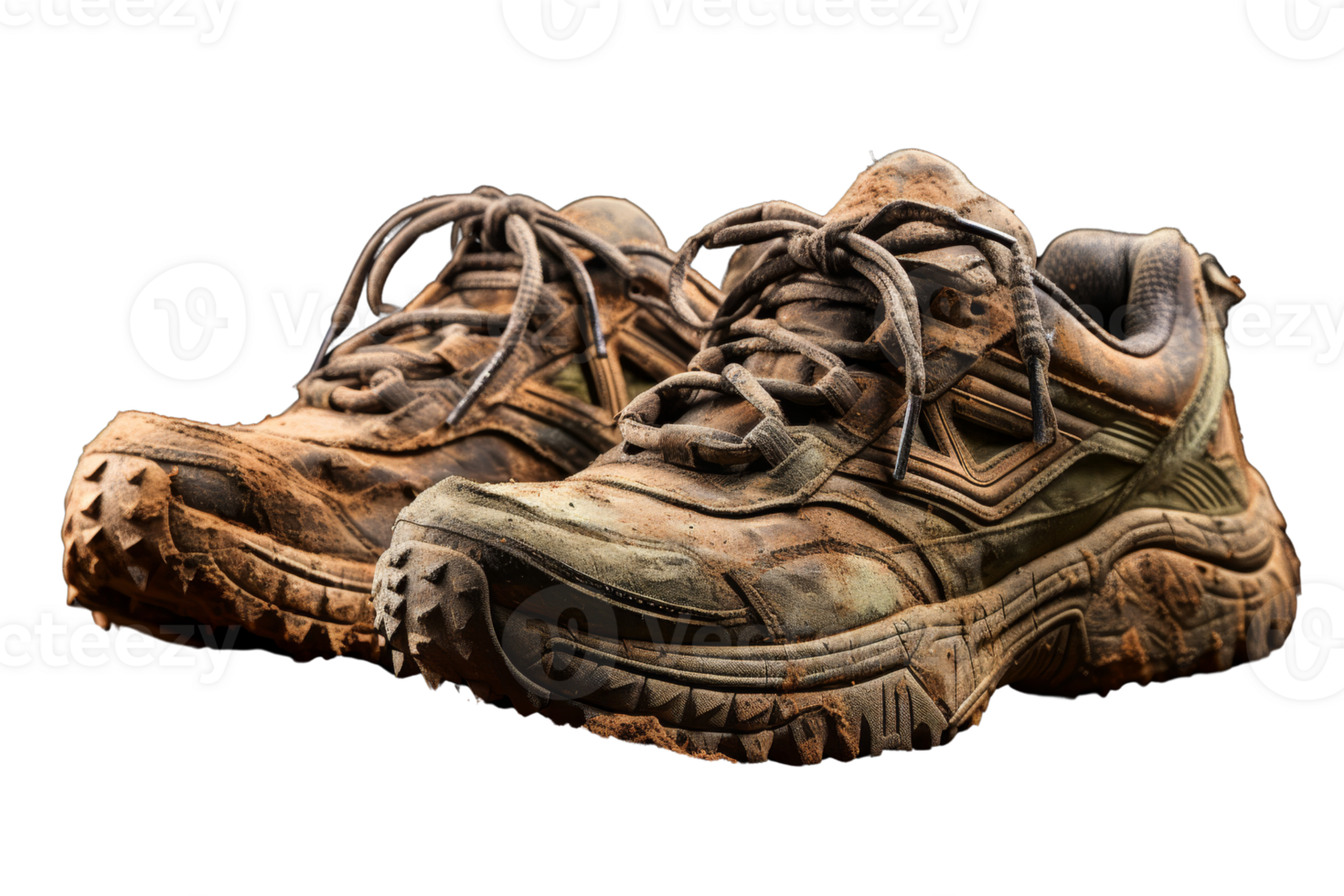 Worn-out hiking shoes covered in mud and dirt, symbolizing outdoor adventures and rugged terrain. Perfect for nature enthusiasts and explorers. png