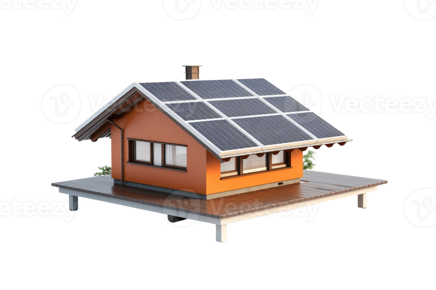 A small orange house with a slanted roof and a chimney. The roof is covered with solar panels png