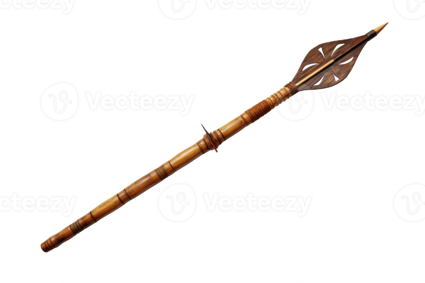 A long wooden spear with a pointed end. The spear is brown and has a design on it png
