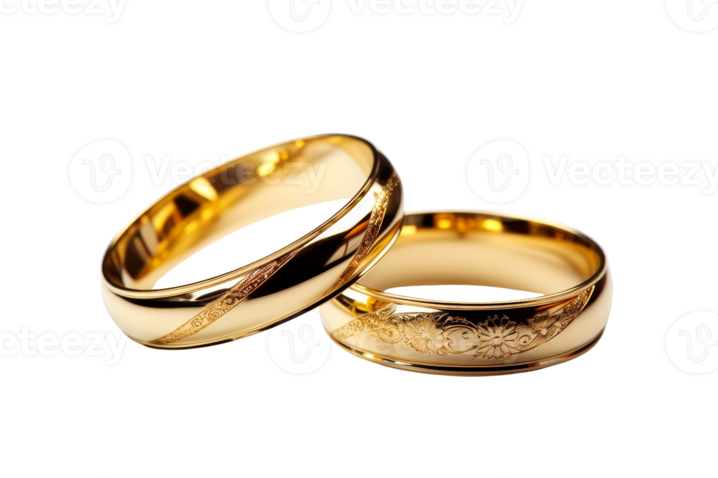 Two gold wedding rings with a design on them. The rings are placed next to each other. The rings are shiny and look like they are made of gold png