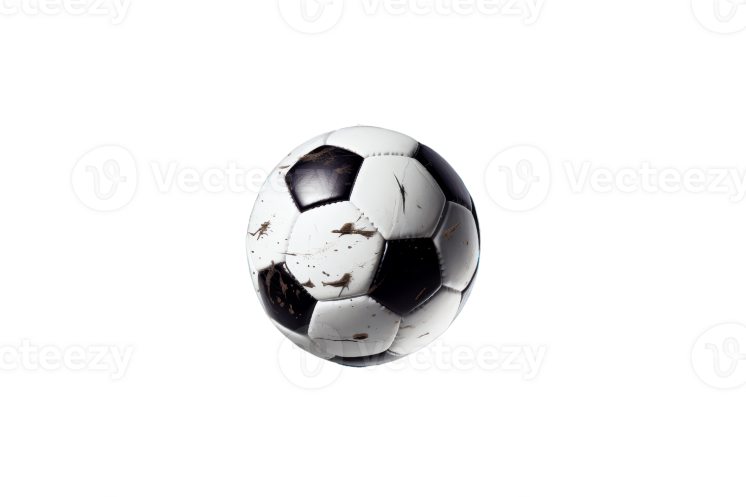 A dirty soccer ball with black and white stripes. The ball is worn and has a worn look to it png