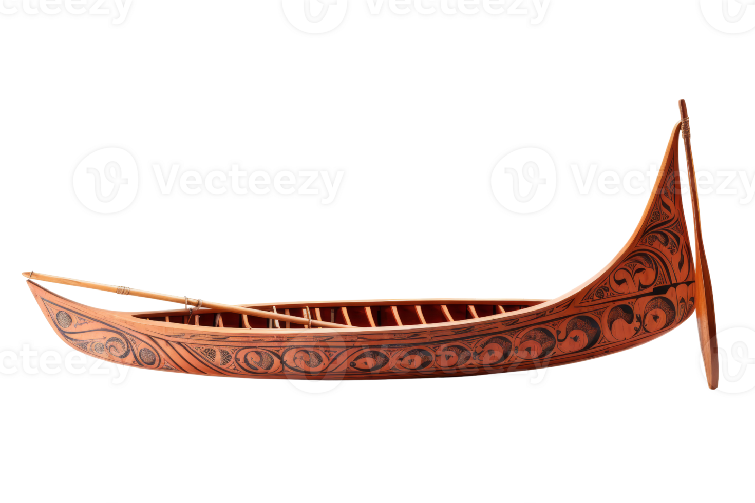 A wooden boat with a paddle on the end. The boat is decorated with intricate designs and patterns png