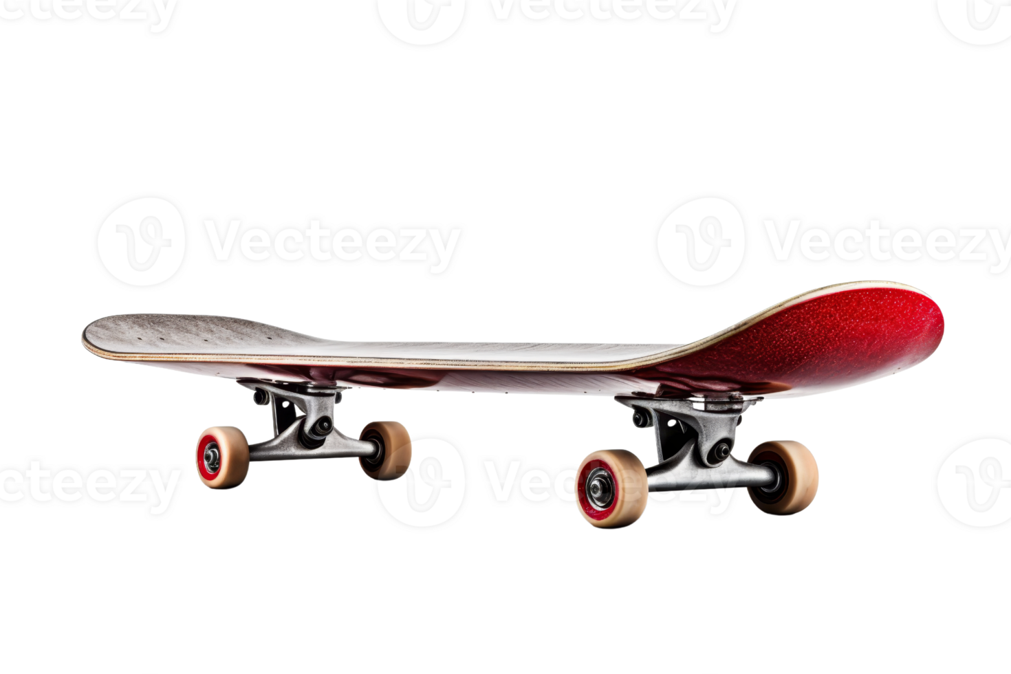 A skateboard with red wheels and a white board. The skateboard is laying on its side png
