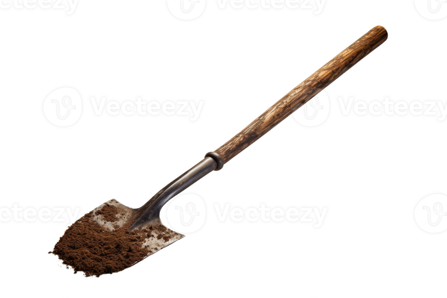 A wooden shovel with a handle and a scoop. The shovel is full of dirt png