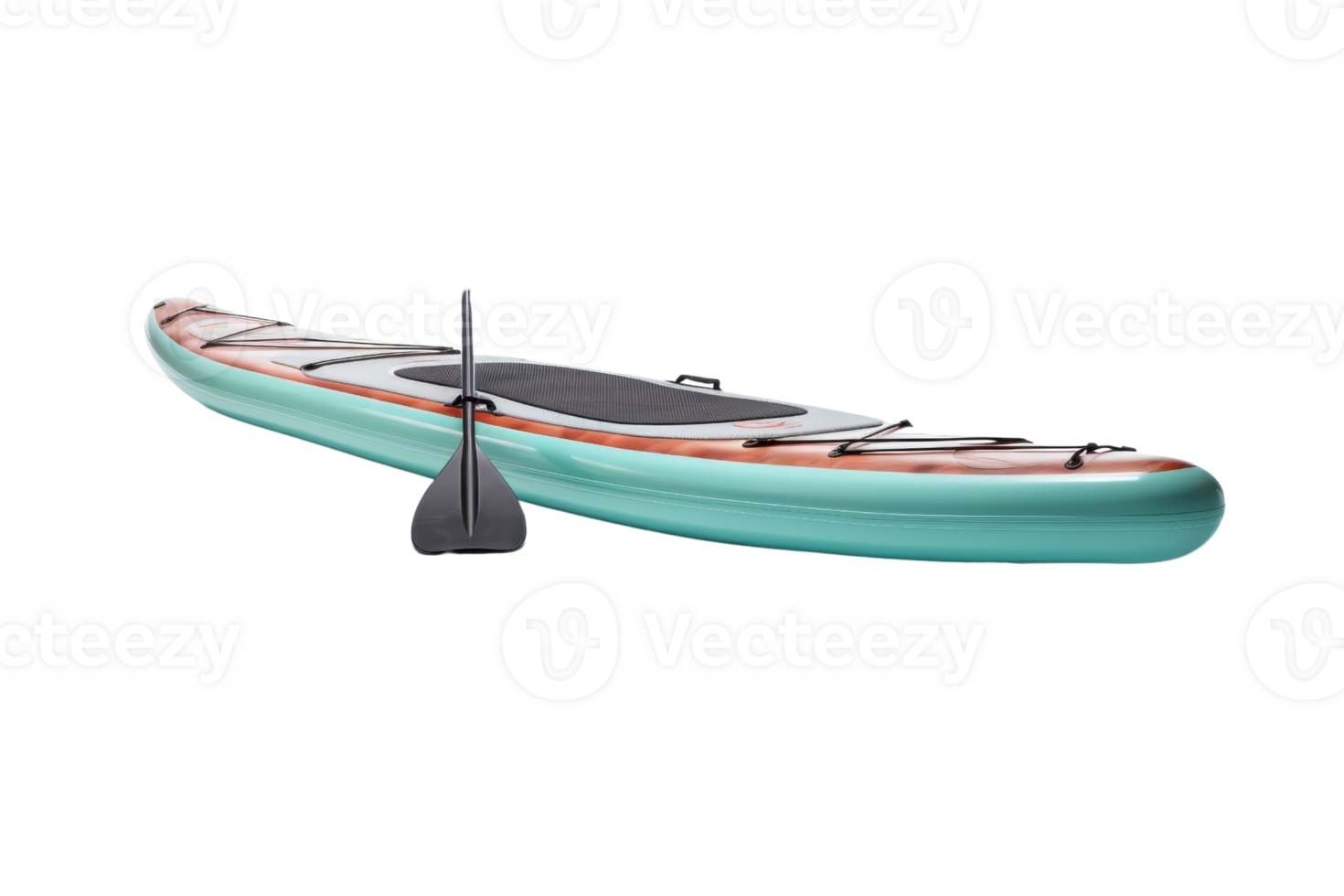 A green and brown surfboard with a black paddle on the side. The paddle is attached to the board and is ready to be used png