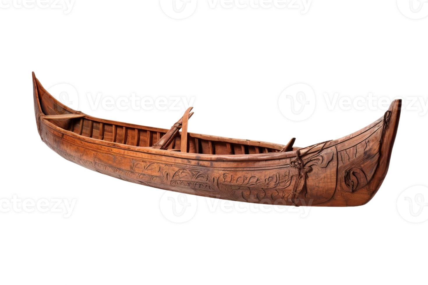 A wooden boat with a carved design on the side. The boat is old and has a rustic appearance png