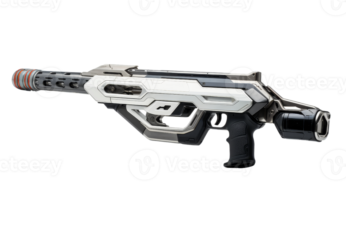 A futuristic looking gun with a black grip and a white barrel. The gun is equipped with a laser and a red tip png