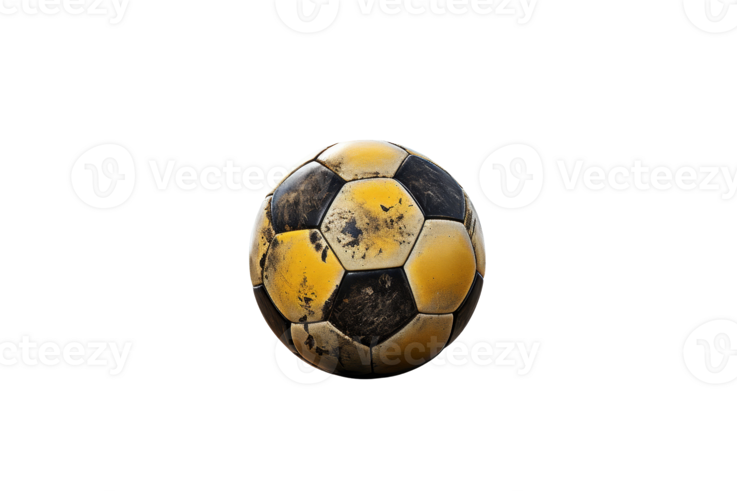 A soccer ball with a yellow and black pattern. The ball is old and worn, with a few cracks and scratches png