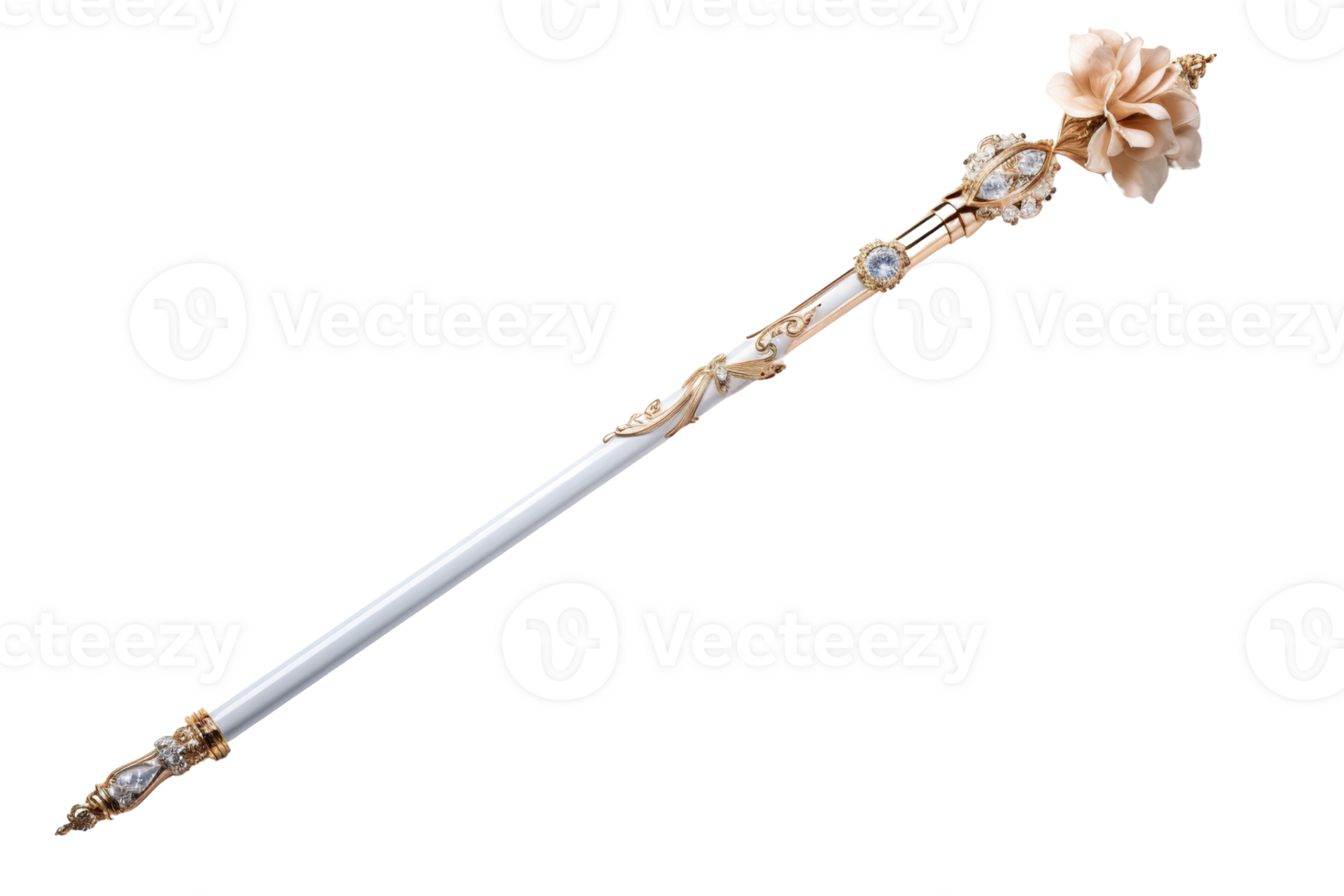 A long white stick with a flower on the end. The stick is made of gold and has a lot of detail on it png