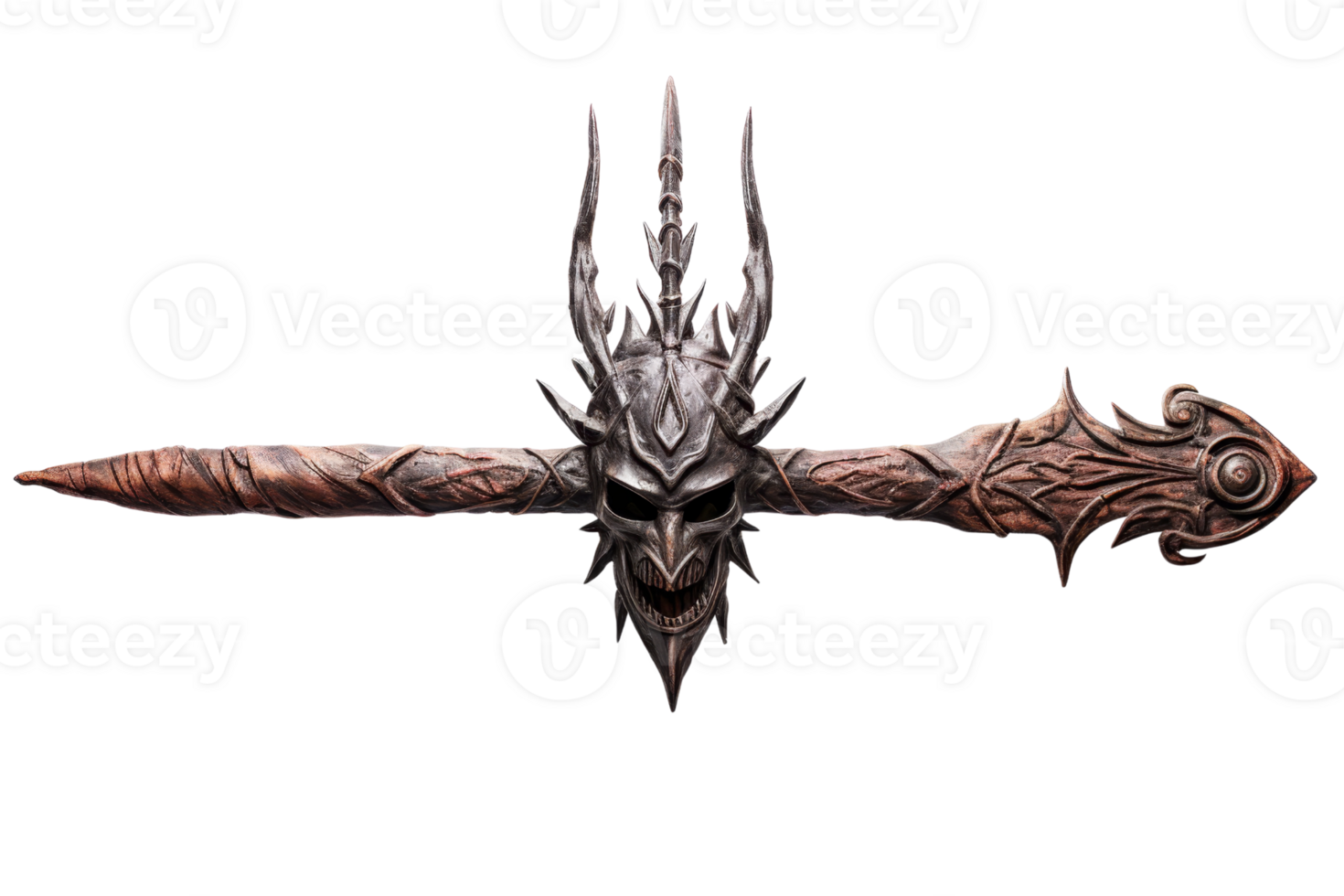 A long, thin object with a demonic mask on it. The mask is twisted and twisted, and the object is made of metal png