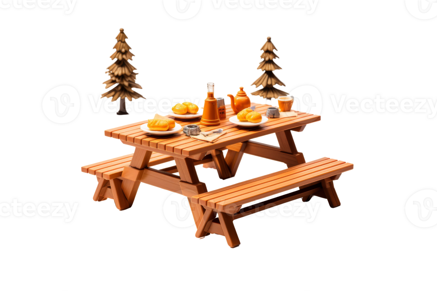 A wooden picnic table with a bench and a few trees in the background. The table is set with plates of food and a cup. Scene is peaceful and relaxing, as it depicts a simple outdoor meal png