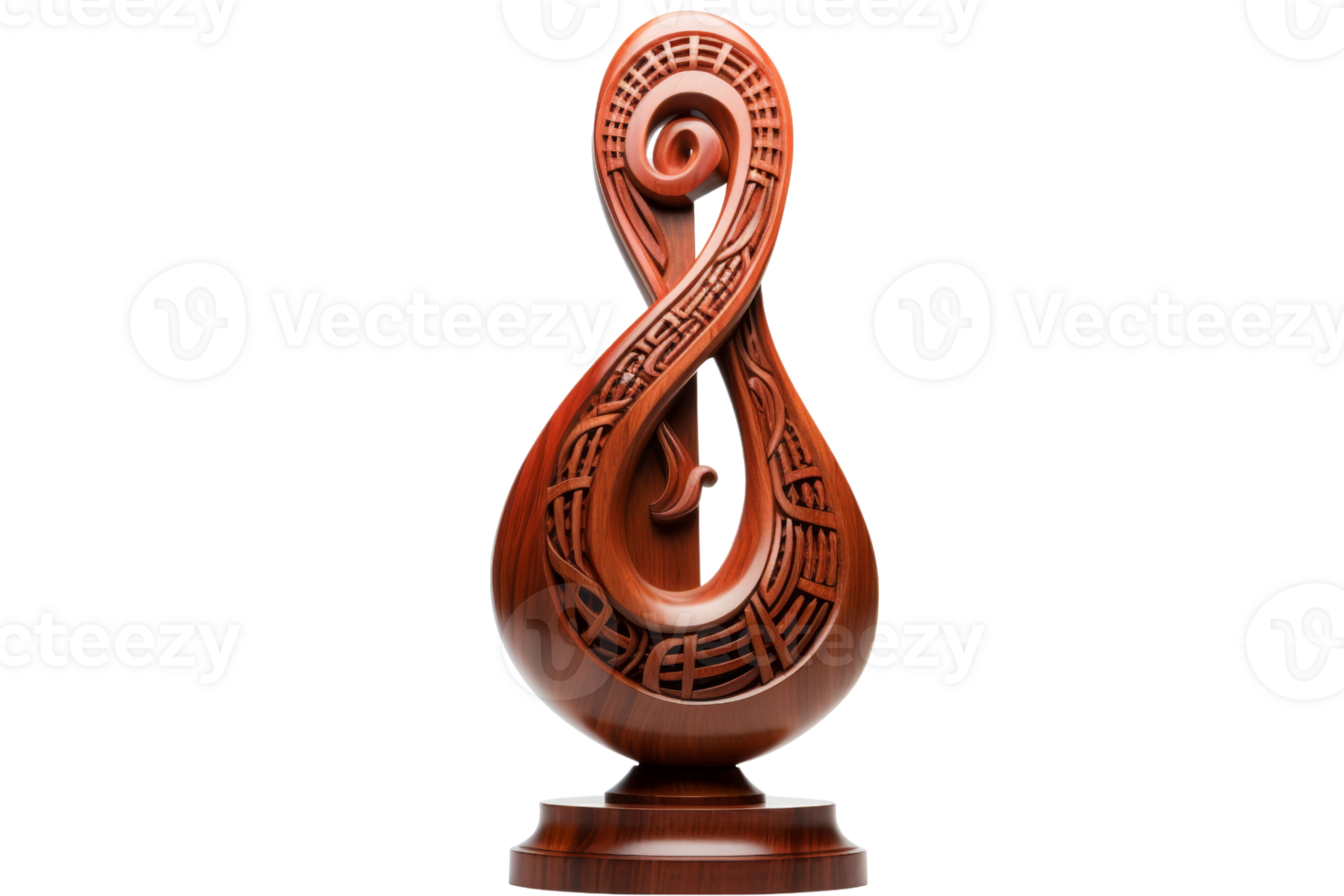 A wooden sculpture of a musical note with a curved shape. The sculpture is carved from wood and has a unique design png